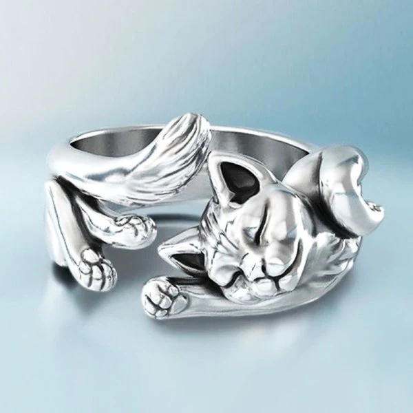 Adjustable Vintage-Style Silver-Tone Kitten Ring