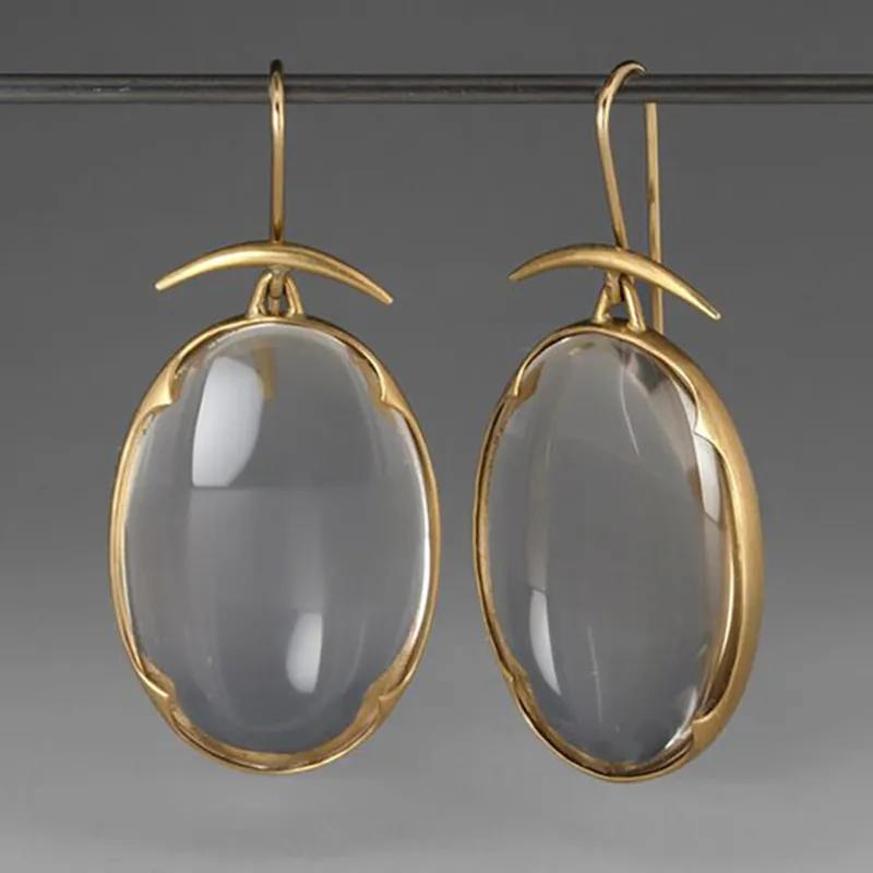 Vintage-Style Large Oval Crystal Hook Earrings in Gold Tone