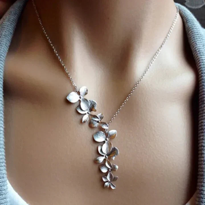 Cascading Silver-Tone Flower Drop Pendant Necklace