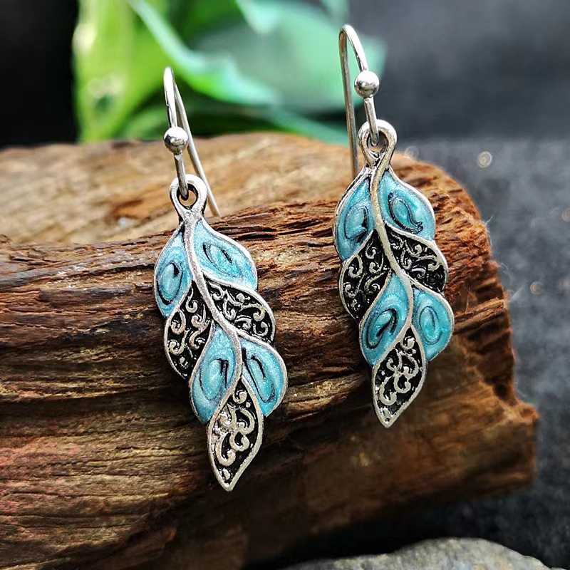 Vintage-Style Blue Leaf Silver-Tone Earrings