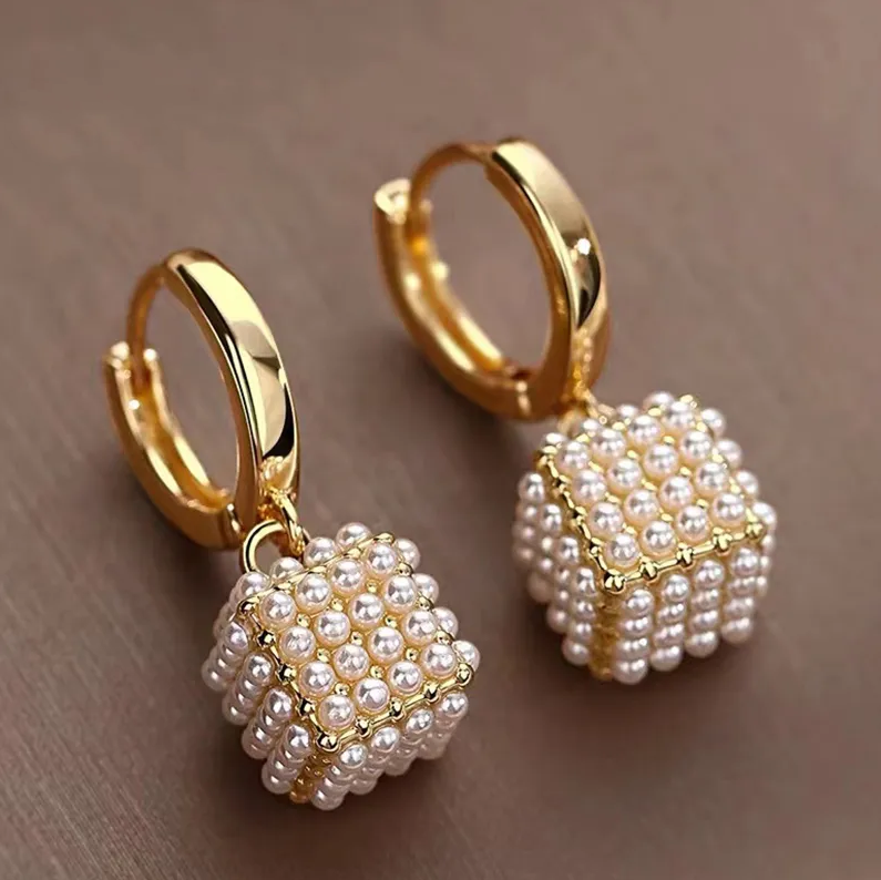 Pearl-Covered Cube Huggie Earrings