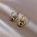 Green Square Stone Mini Hoop Earrings in Gold Tone