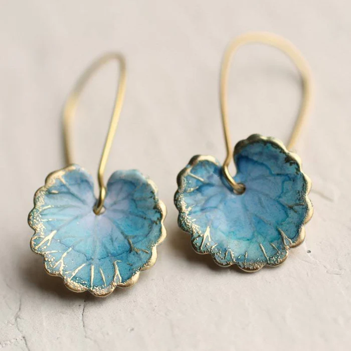 Vintage-Style Blue Enamel Leaf Hook Earrings
