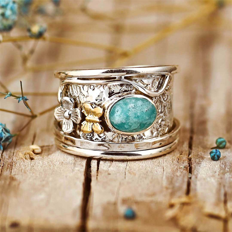 Vintage-Style Two-Tone Ring with Blue Opal-Look Stone and Flower