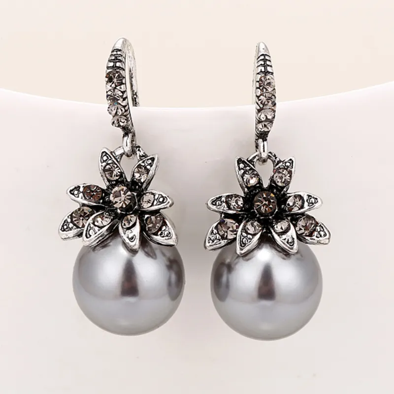 Vintage-Style Silver-Tone Crystal Cap Grey Pearl Earrings