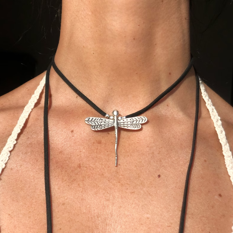 Vintage-Style Dragonfly Pendant on Black Cord