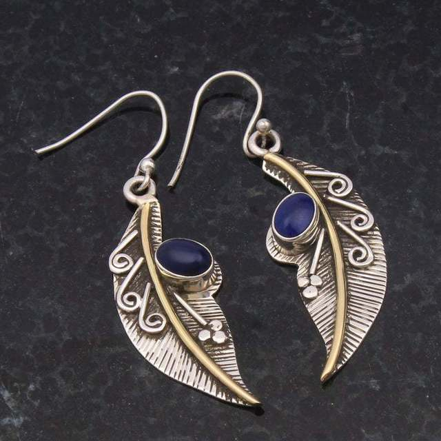 Vintage-Style Blue Crystal Leaf Earrings