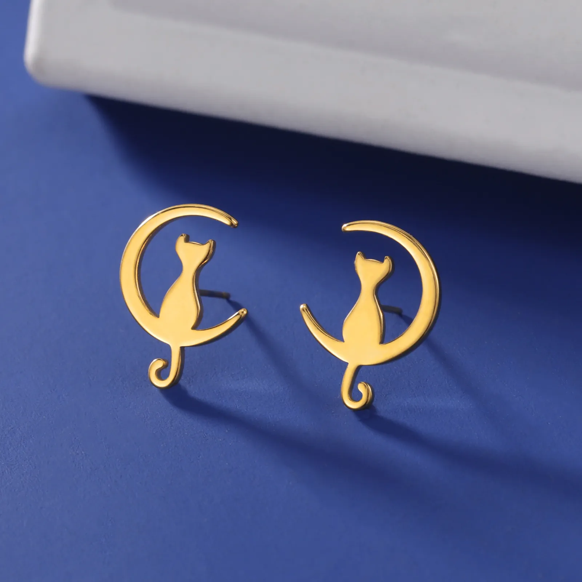 Vintage-Style Gold-Tone Moon and Cat Earrings
