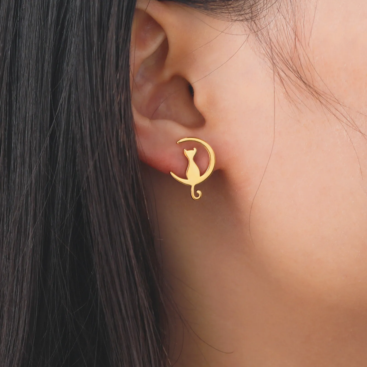 Vintage-Style Gold-Tone Moon and Cat Earrings
