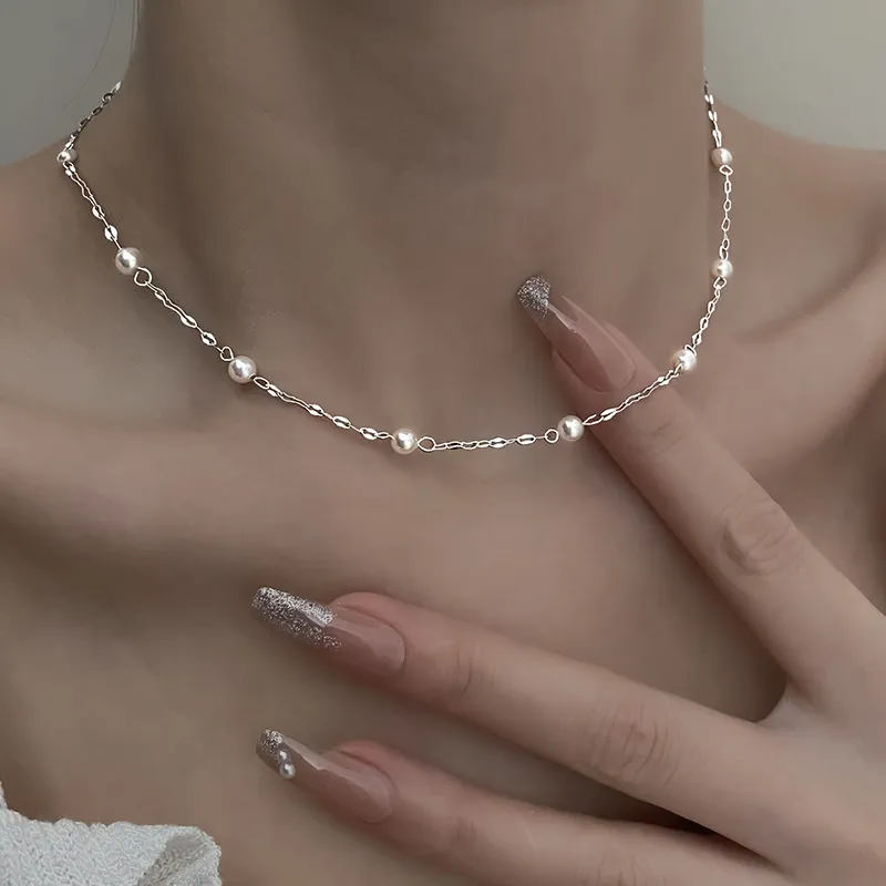Silver-Tone Pearl Station Choker Necklace