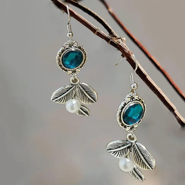 Brincos Folha com Pérola e Cristal Azul Estilo Vintage
