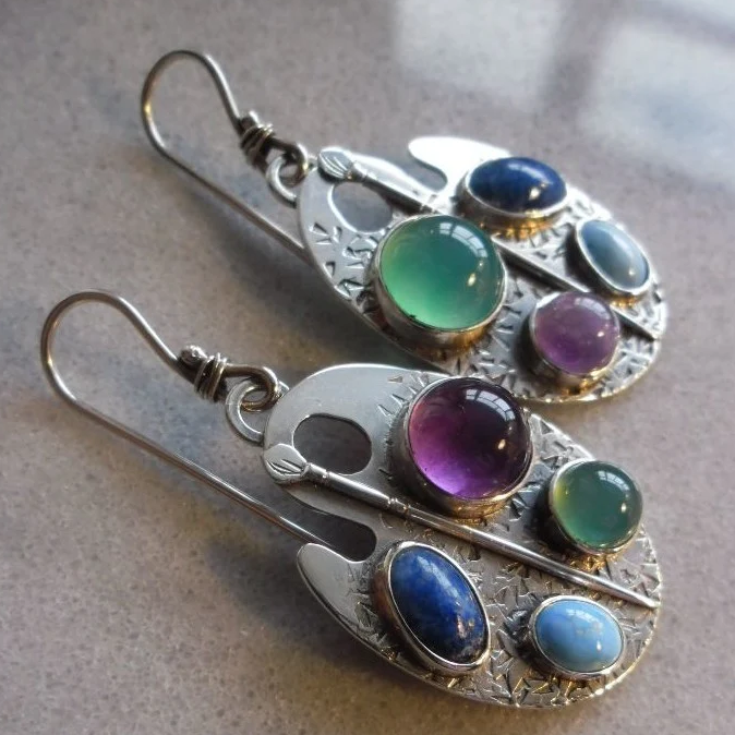 Vintage-Style Silver-Tone Earrings with Colourful Round Stones