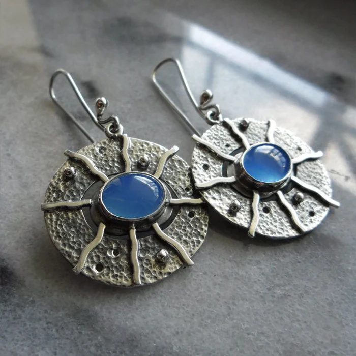Vintage-Style Blue Stone Sunburst Disc Earrings