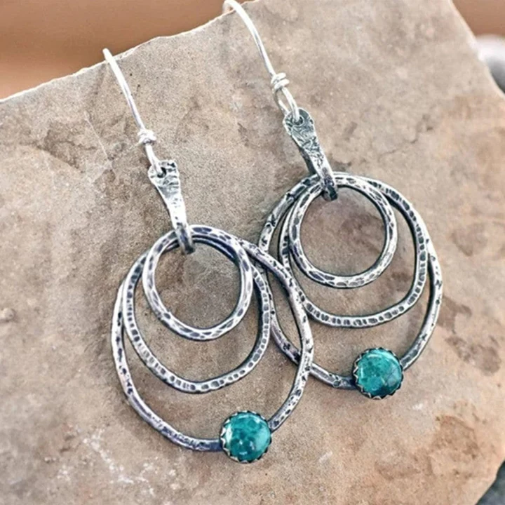 Vintage-Style Circular Turquoise Silver-Tone Earrings