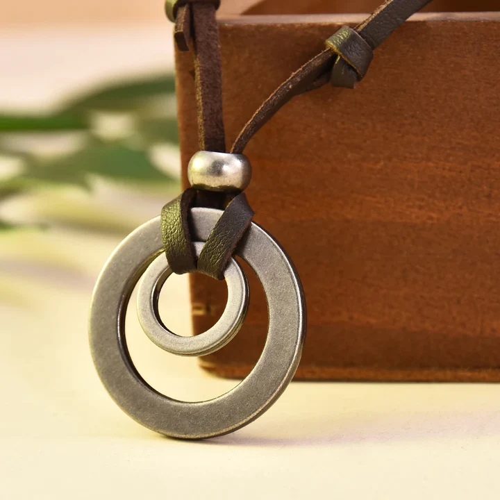 Silver-Tone Double Circle Pendant Necklace on Cord with Bead
