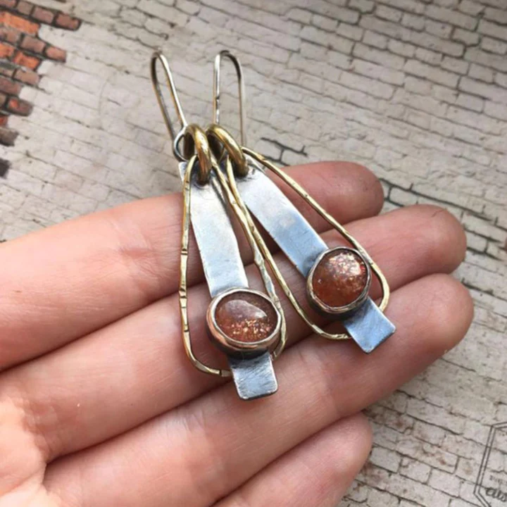 Vintage-Style Orange Stone Mixed-Metal Bar Earrings