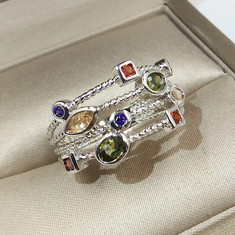 Stacked Silver-Tone Ring with Scattered Multicolour Crystals