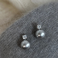 Grey Pearl Drop Stud Earrings with Zirconia