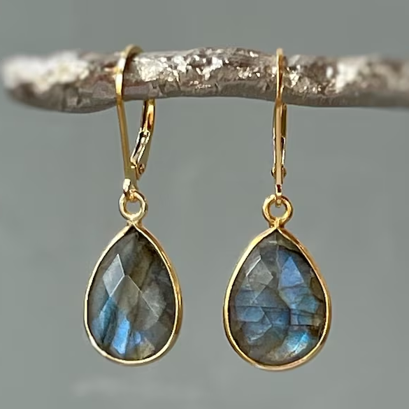 Vintage-Style Blue Teardrop Stone Earrings in Gold Tone