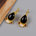 Vintage-Style Black Teardrop Stone Earrings with Pearl Detail