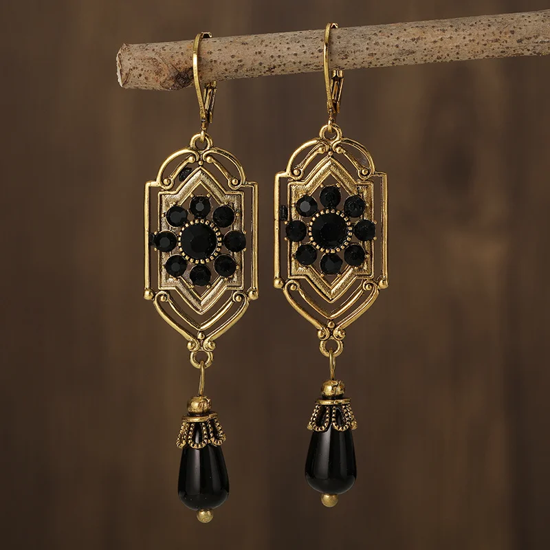 Vintage-Style Black Crystal Dangle Earrings