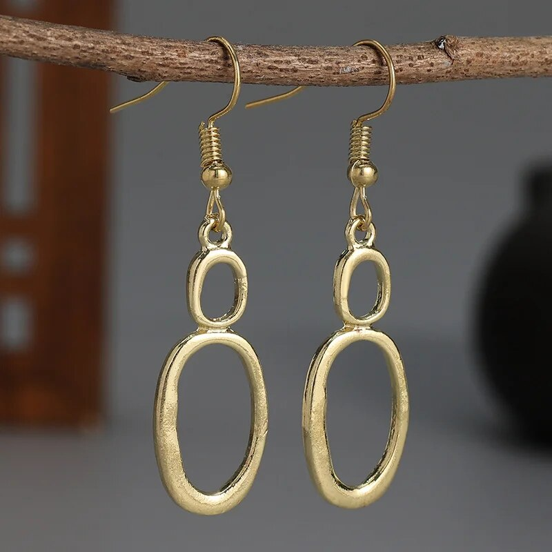 Vintage-Style Gold-Tone Double Oval Hoop Dangle Earrings