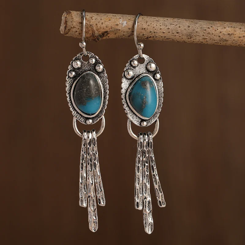 Vintage-Style Blue Stone Tassel Dangle Earrings