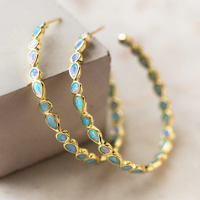 Vintage-Style Blue Opal-Look Gold-Tone Hoop Earrings