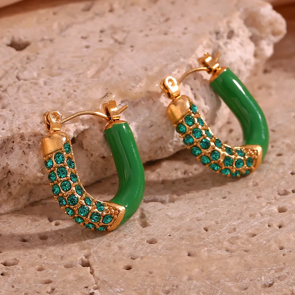 Vintage oorringen met groen email en zirkonia