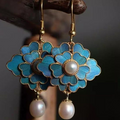 Vintage-Style Blue Lotus and Pearl Dangle Earrings