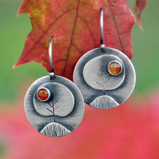 Vintage-Style Orange Stone Earrings with Nature Theme