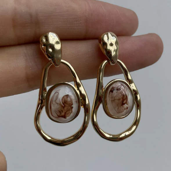 Vintage-Style Irregular White Stone Gold-Tone Earrings