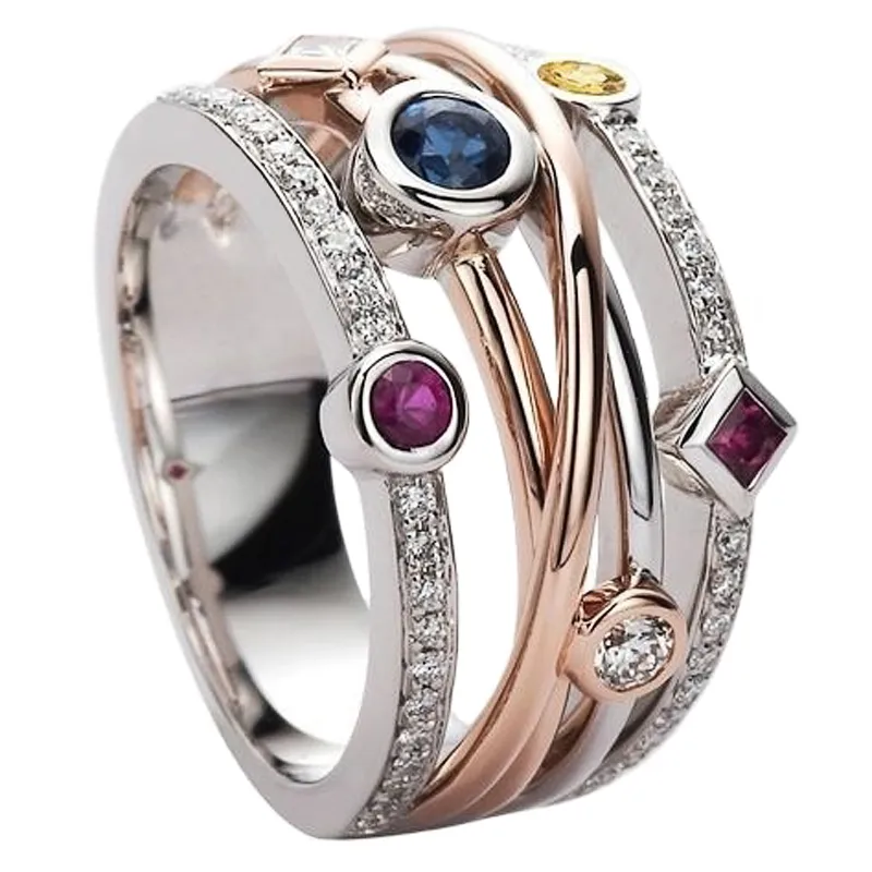 Rose Gold-Tone Layered Ring with Multicolour Zirconia