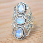 Triple Moonstone-Look Stone Ring with Silver-Tone Scroll Band