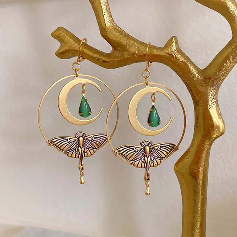 Vintage-Style Gold-Tone Moon and Dragonfly Earrings