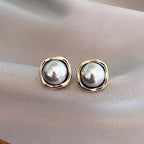 Grey Pearl-Look Stud Earrings with Silver-Tone Frame
