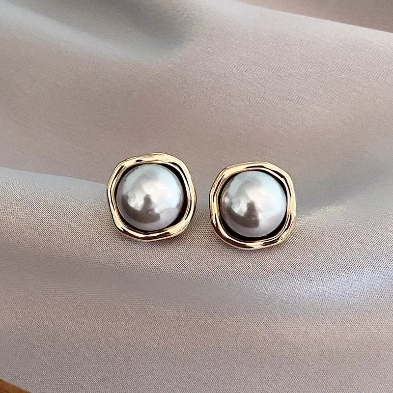 Grey Pearl-Look Stud Earrings with Silver-Tone Frame