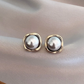 Vintage-Style Grey Pearl Stud Earrings with Silver-Tone Frame
