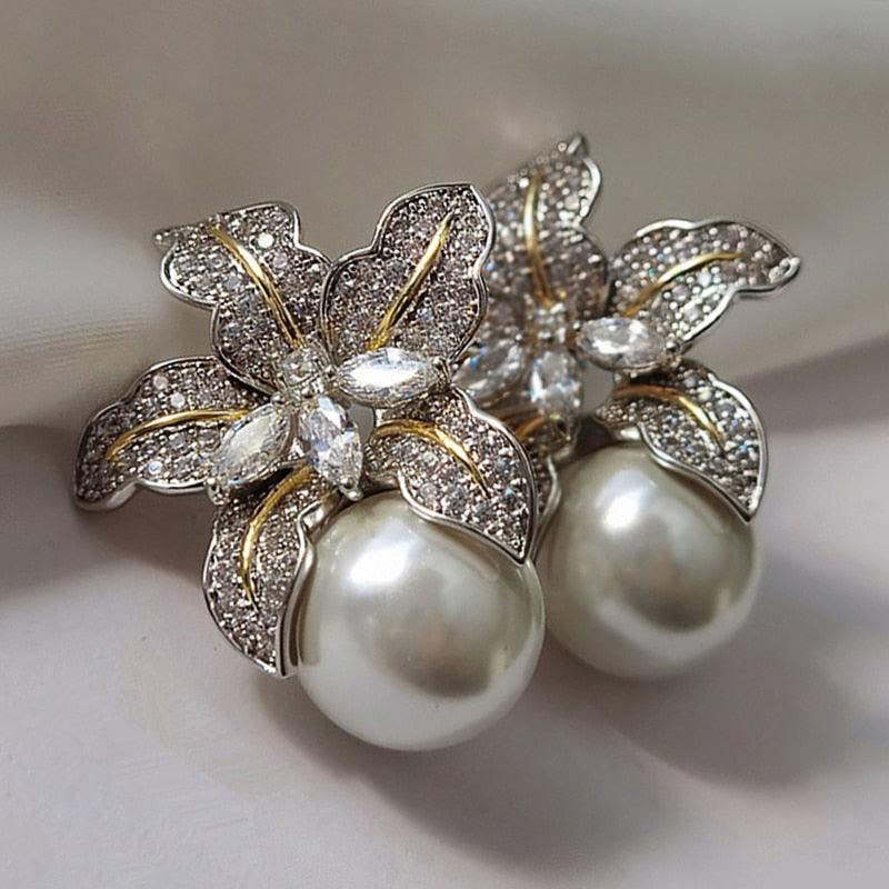 Pearl and Crystal Flower Cluster Earrings