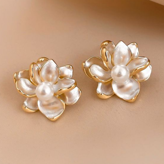 White Enamel Flower and Pearl Earrings