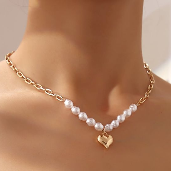Gold-Tone Heart and Pearl Station Necklace