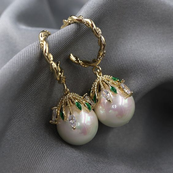 Twisted Gold-Tone Hoop Earrings with Pearl and Leaf Cap