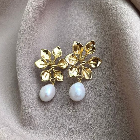 Bright Leaf and Pearl Gold-Tone Earrings