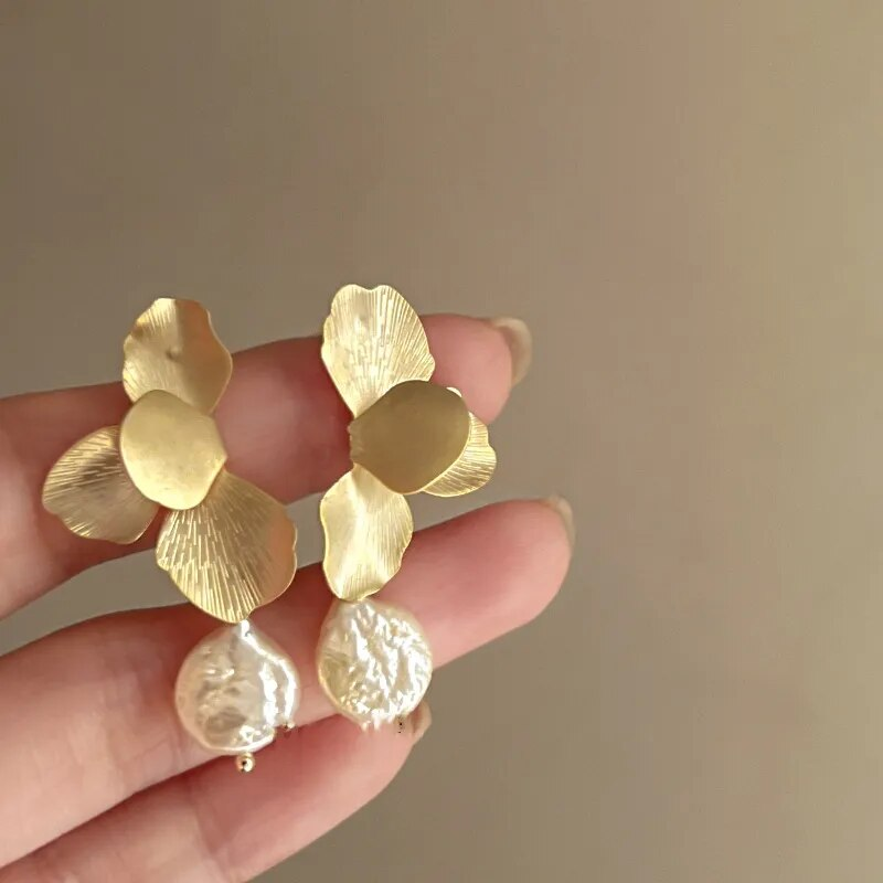 Gold-Tone Petal Baroque Pearl Earrings