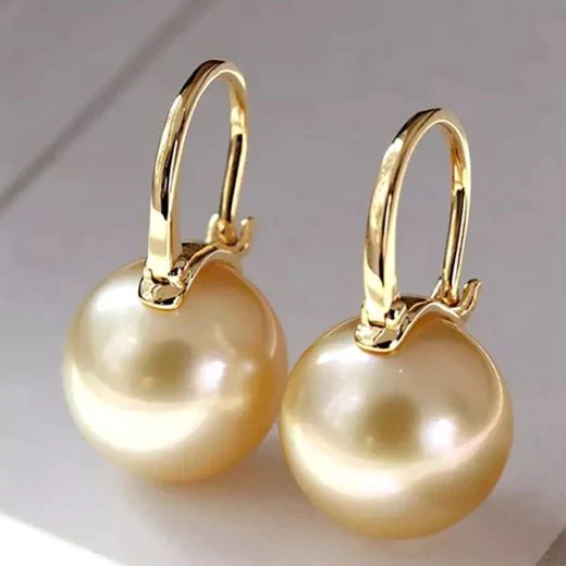Large Champagne Pearl Huggie Drop Earrings