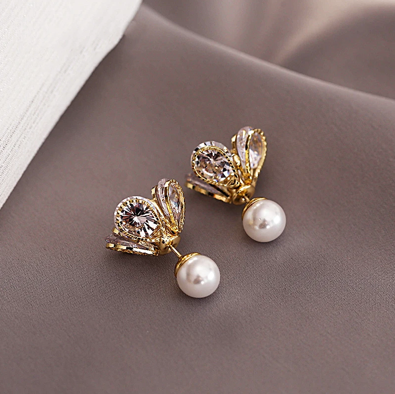 Gold-Tone Flower Stud Earrings with Pearl Drop