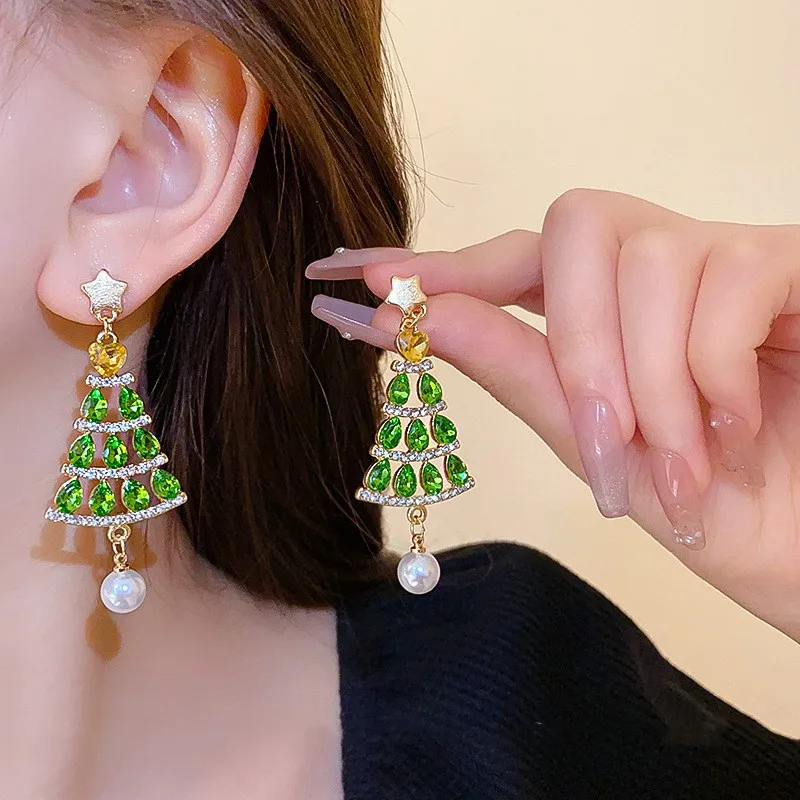 Christmas Tree Drop Earrings with Crystals