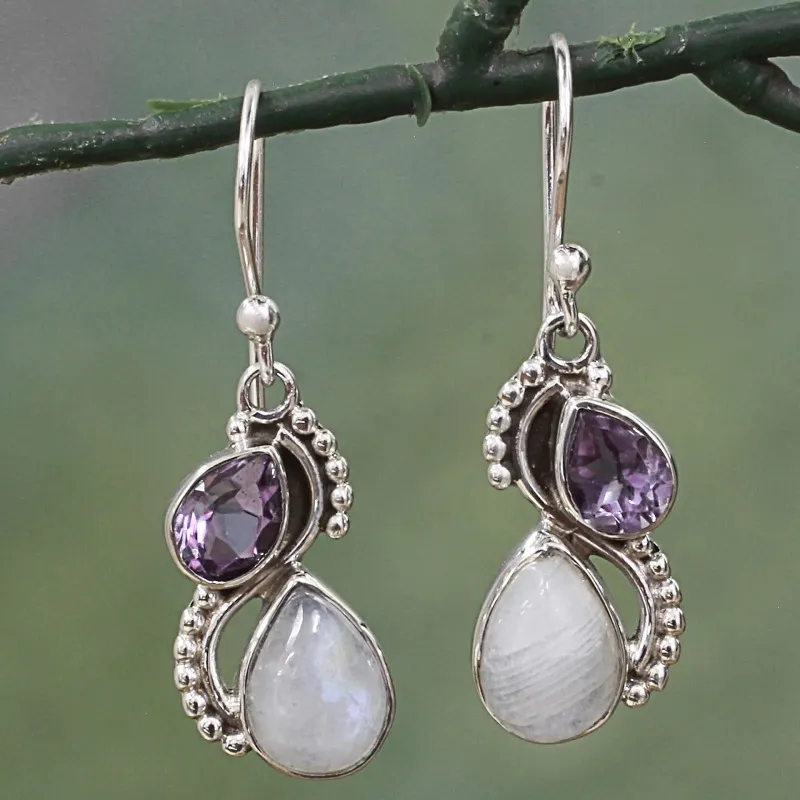Pendientes colgantes con efecto piedra de luna morada y blanca de estilo vintage