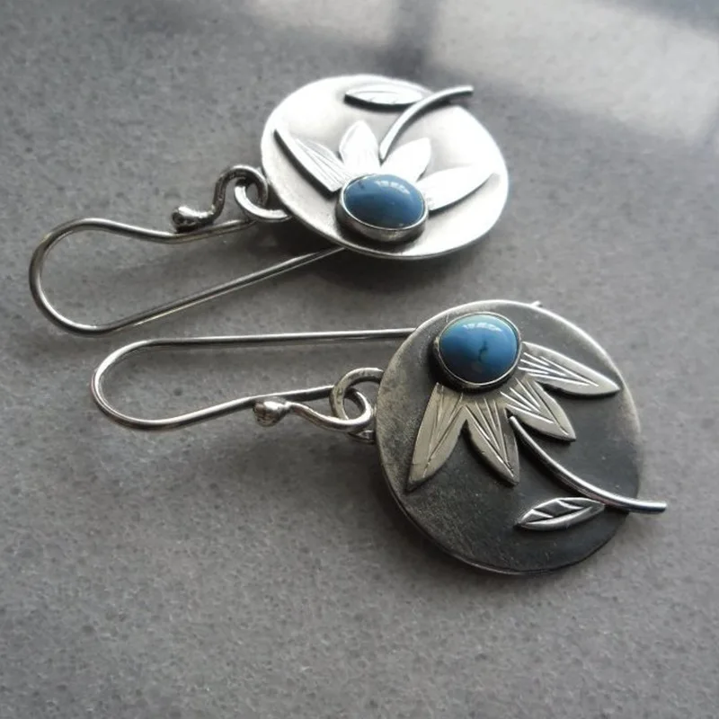 Vintage-Style Silver-Tone Disc and Flower Earrings with Blue Stone