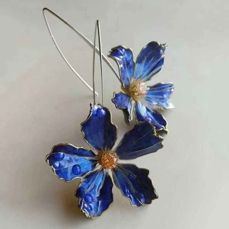 Vintage-Style Blue Enamel Flower Drop Earrings